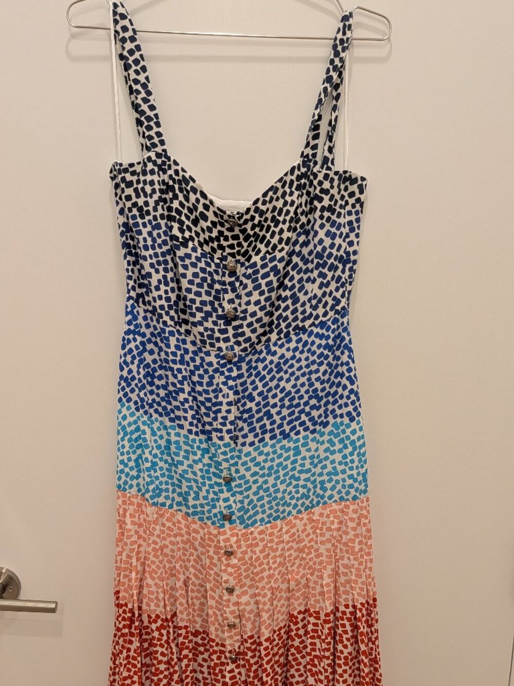 Saloni Karen Printed Silk Midi Dress Ombré Dot Button Front Pleated US 6 UK 10